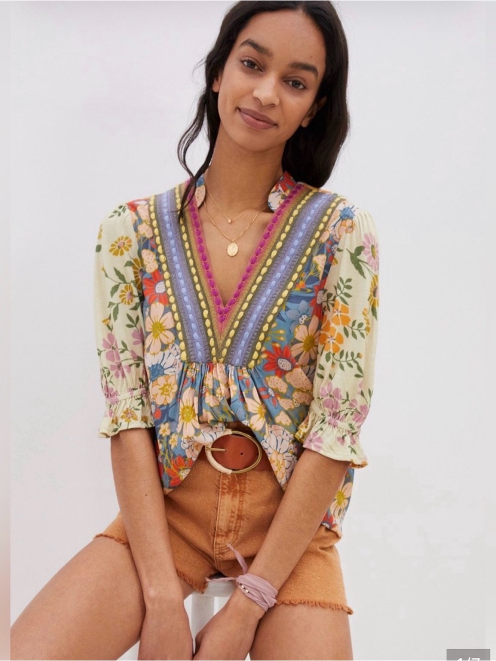 Anthropologie Bohemian Floral V-Neck Blouse in Multi-Color